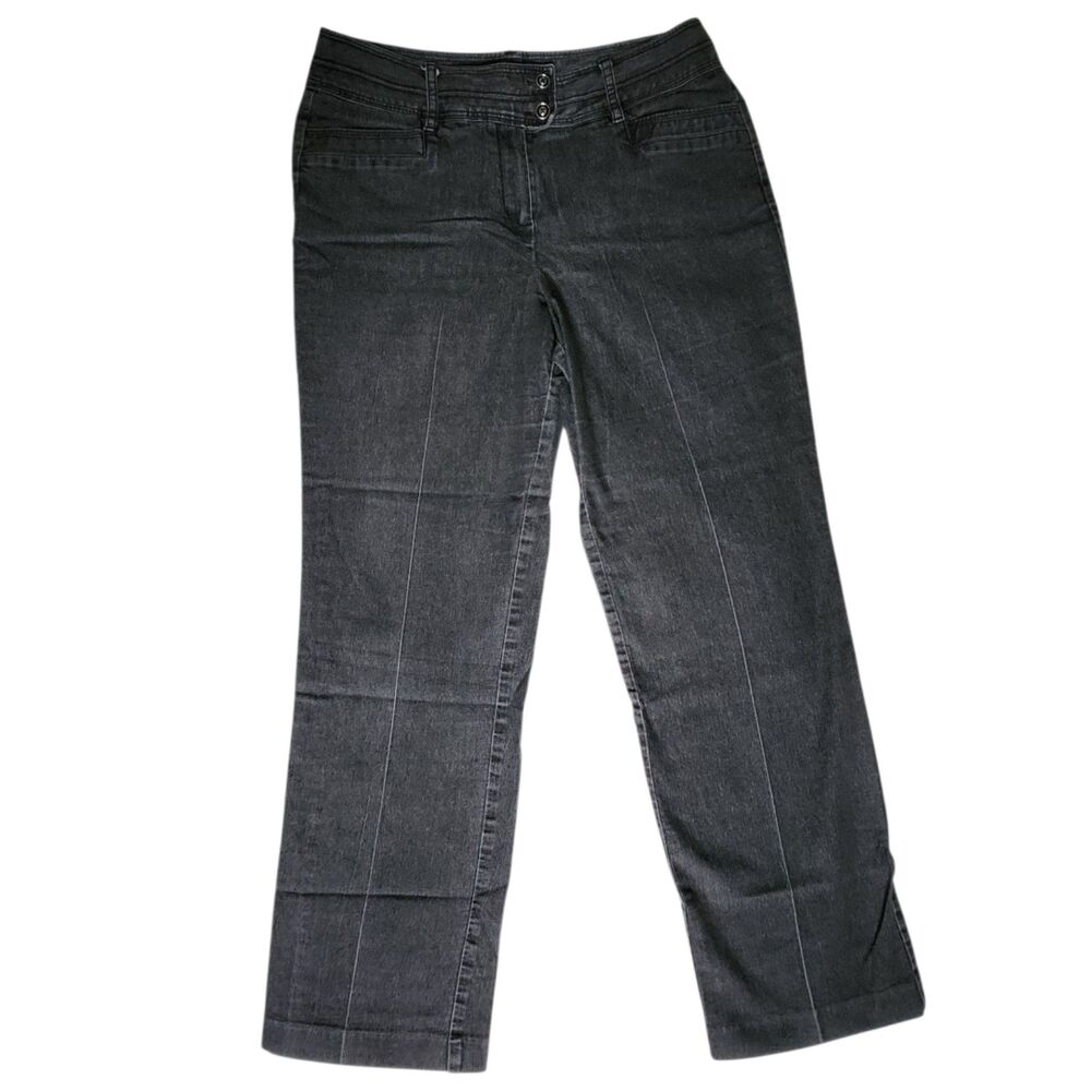 New Directions Black Straight Leg Double Button Flap Pocket Jeans sz 10